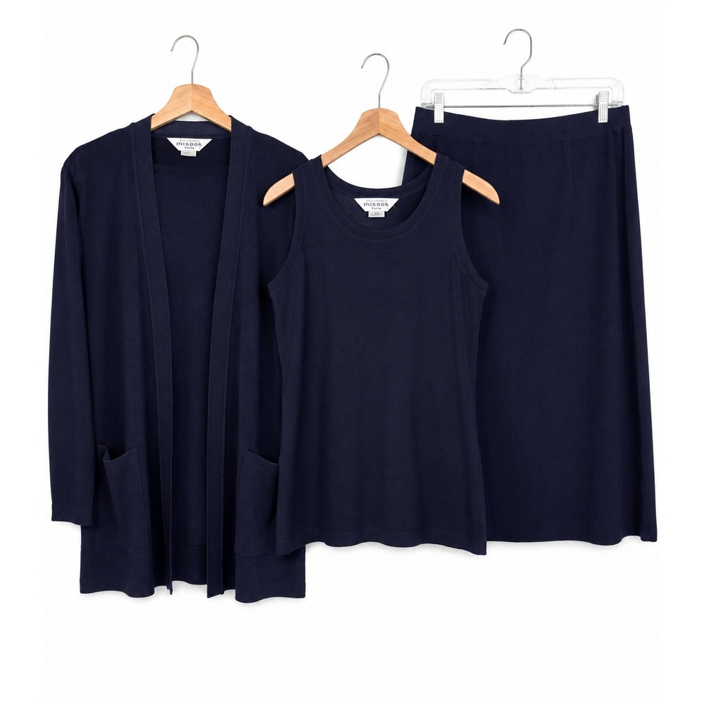 Misook Knit 3 Piece Cardigan Tank Skirt Knit Set M/L Navy Professional Career
